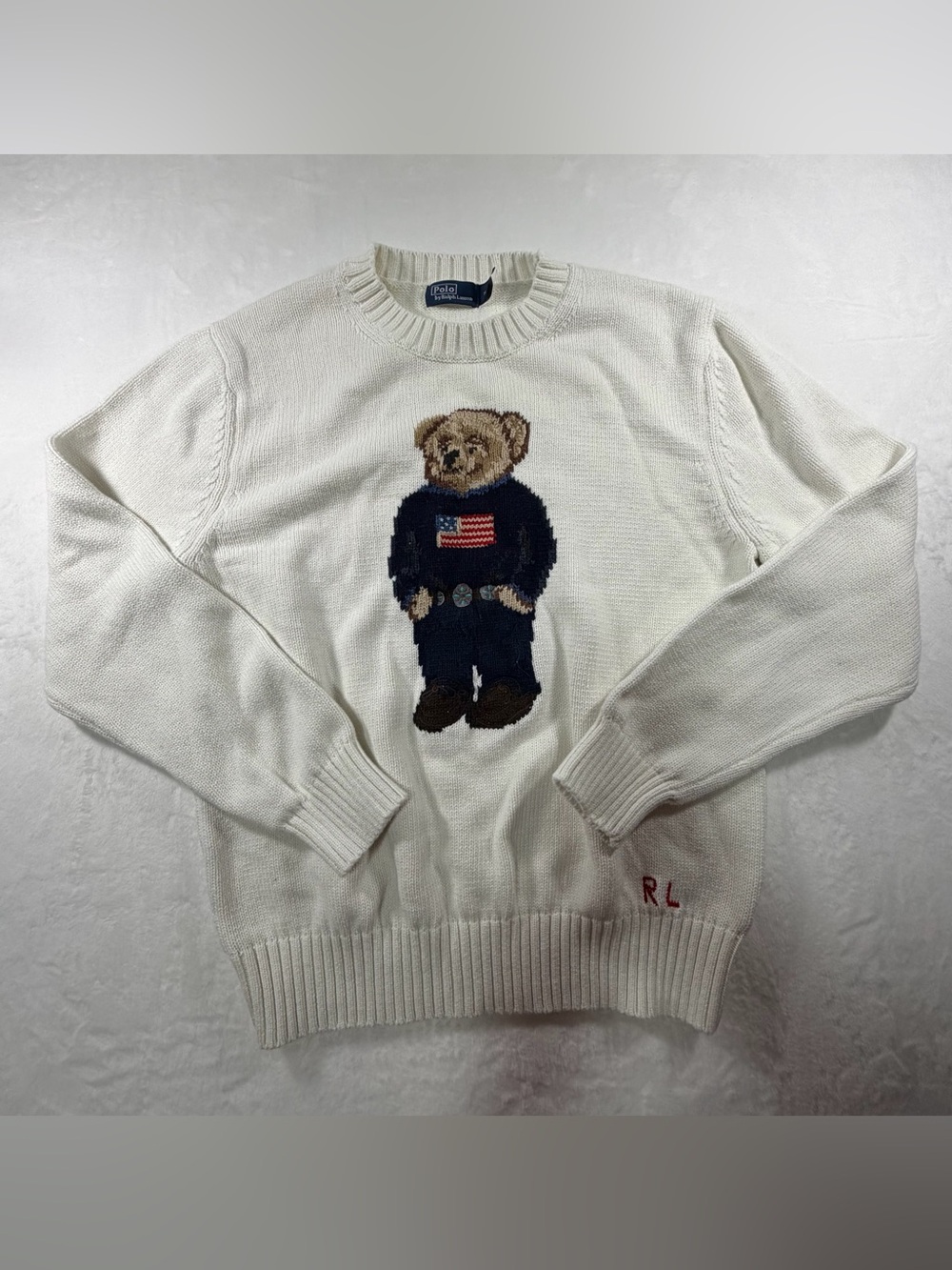 Ralph Lauren White Crewneck Sweater with Bear Graphic